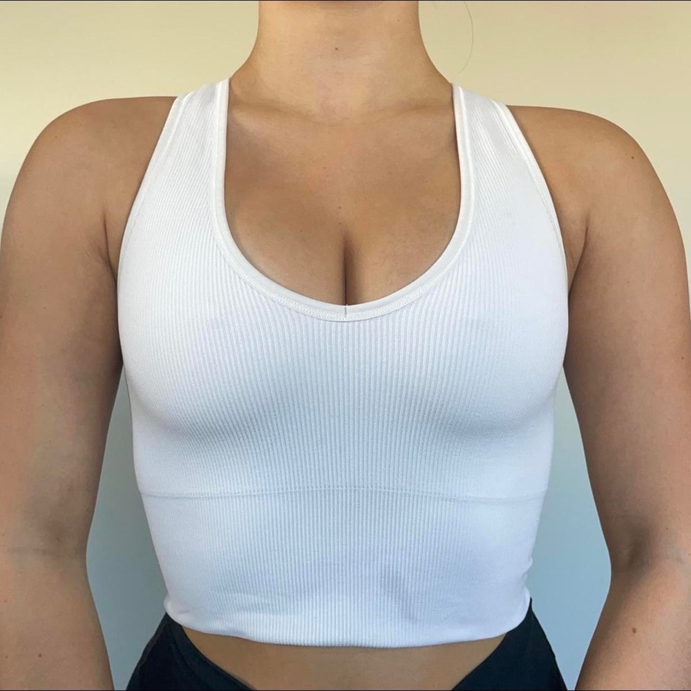 Athleta White Ribbed Seamless V Neck Crop Tank Top